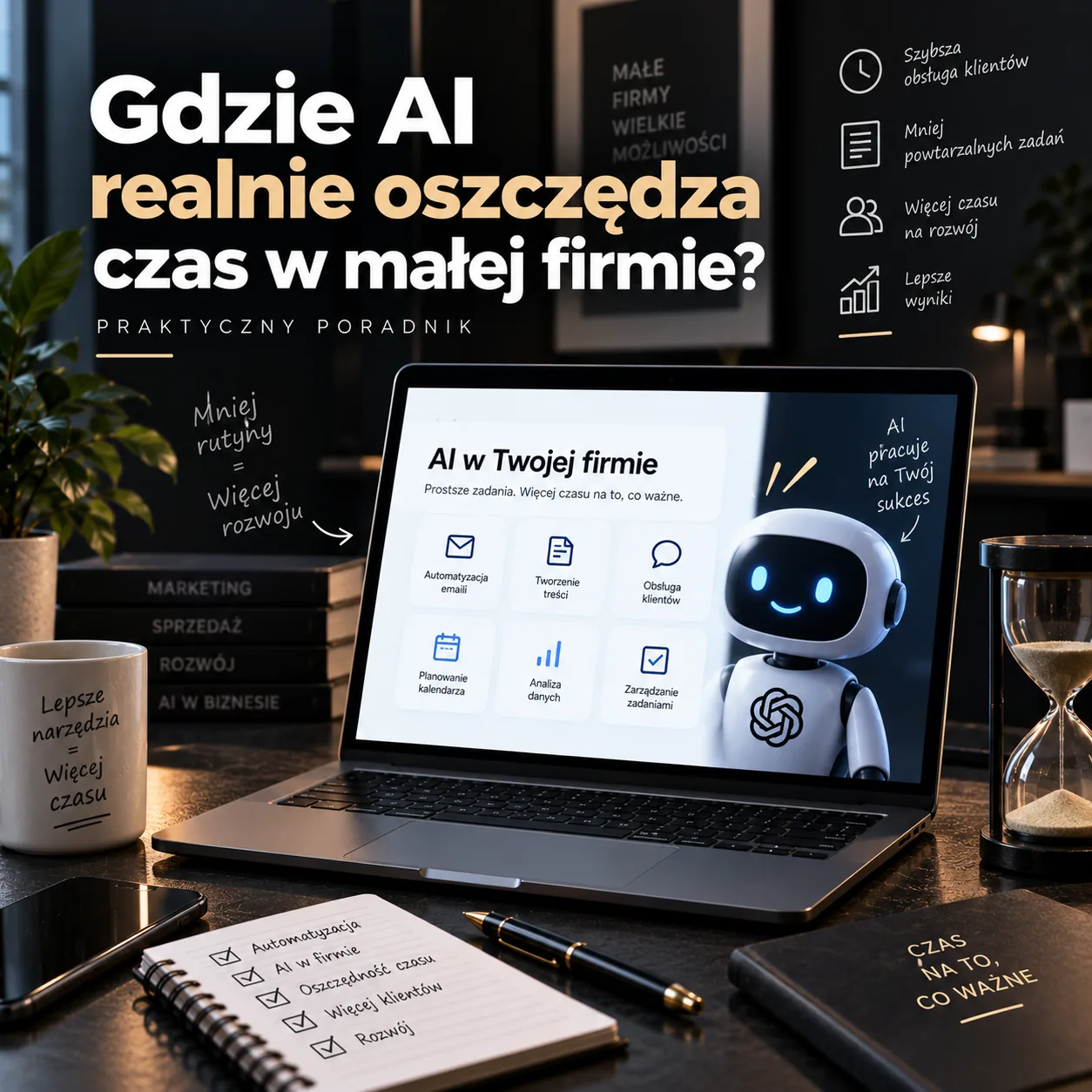 Gdzie AI realnie oszczędza czas w małej firmie - biurko z laptopem, klepsydrą i listą zadań do automatyzacji