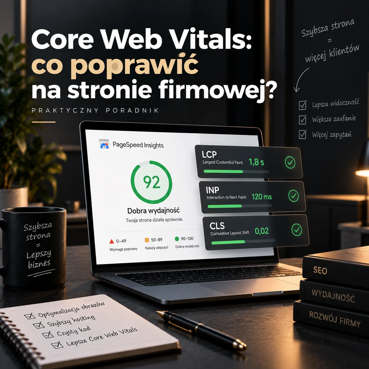 Core Web Vitals na stronie firmowej - wynik PageSpeed Insights z wskaźnikami LCP, INP i CLS
