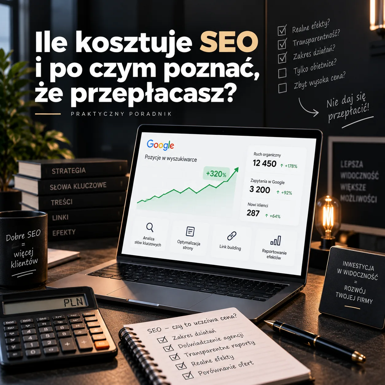 Ile kosztuje SEO i po czym poznać, że przepłacasz - biurko z laptopem, kalkulatorem i listą kontrolną do oceny oferty