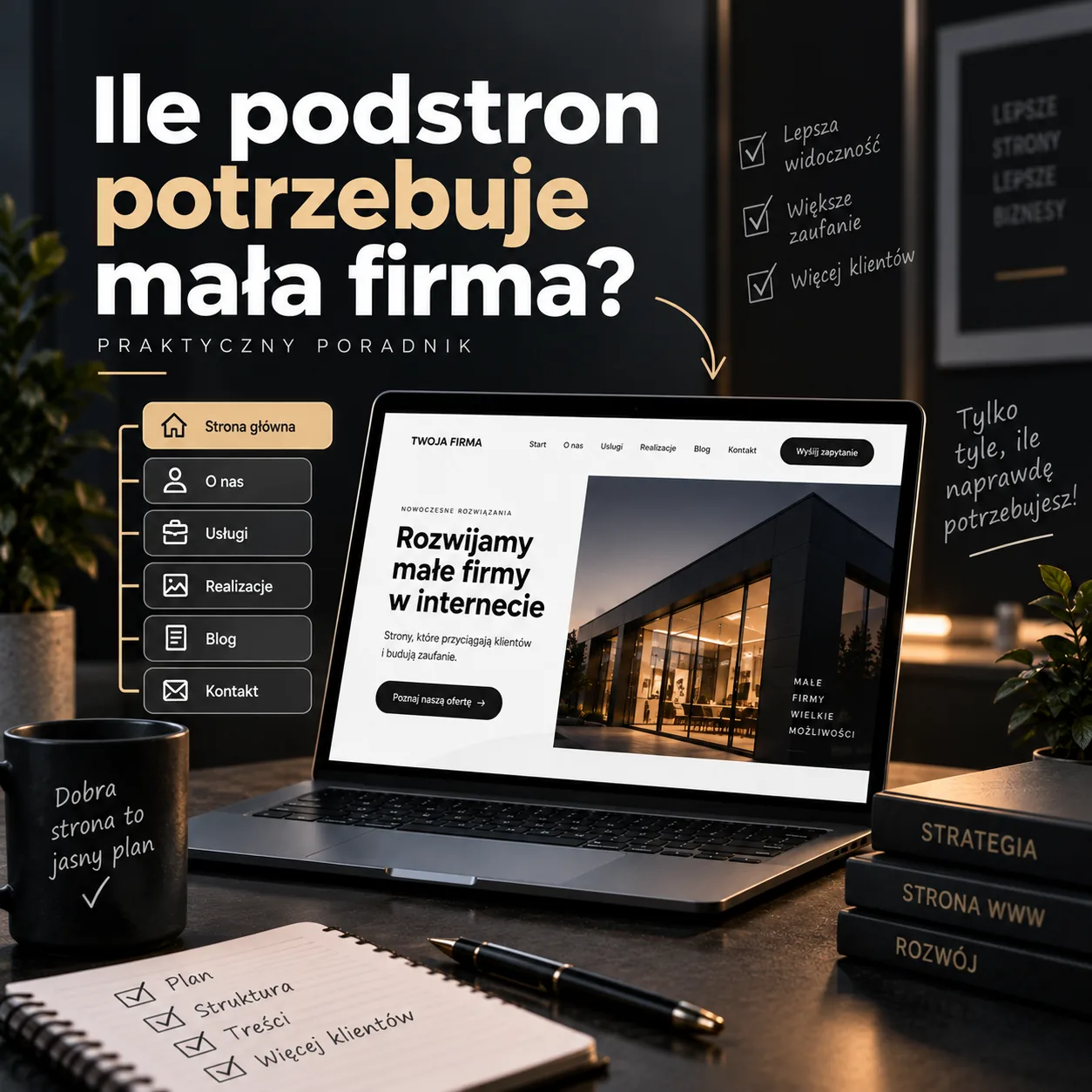 Ile podstron potrzebuje mała firma - schemat menu strony obok laptopa z projektem witryny