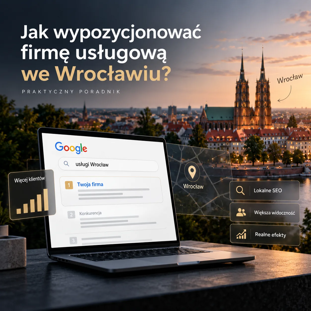 Jak wypozycjonować firmę usługową we Wrocławiu - laptop z wynikami wyszukiwania na tle panoramy Wrocławia