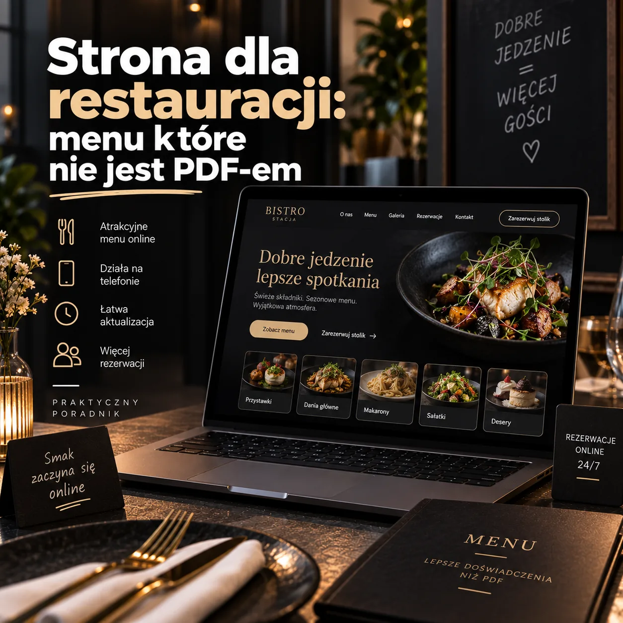 Strona dla restauracji z menu online - laptop z witryną lokalu na stole z zastawą