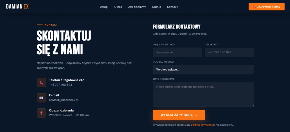 Damianex - sekcja kontaktu z formularzem zbierającym opis problemu