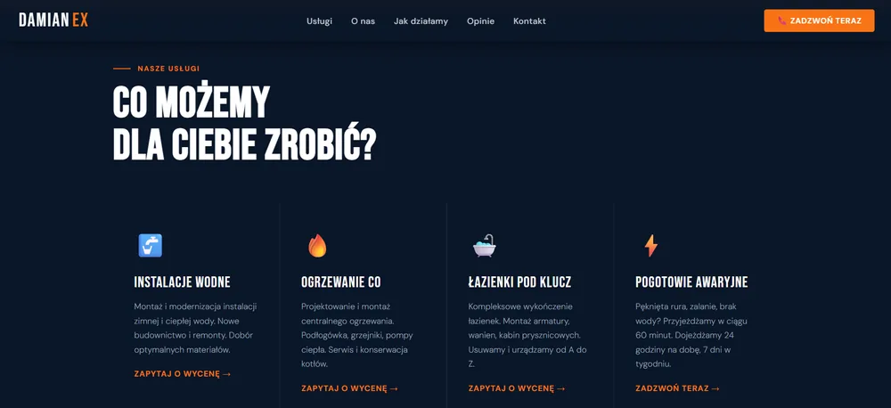 Damianex - cztery usługi rozdzielone na równorzędne kolumny