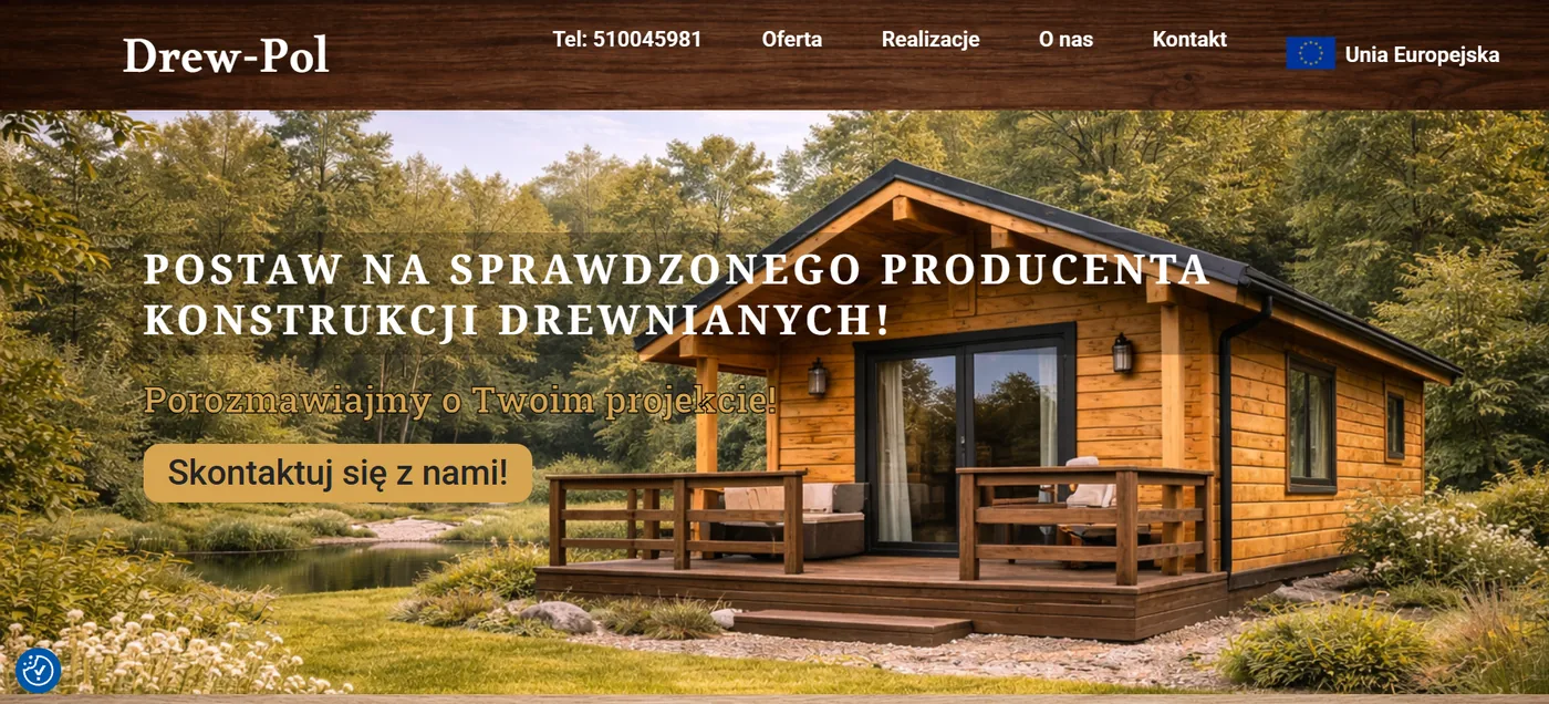Drew-Pol - strona główna z domkiem drewnianym i hasłem o sprawdzonym producencie