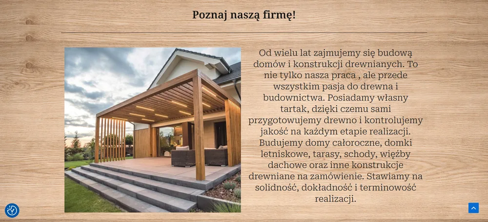Drew-Pol - sekcja o firmie z opisem tartaku i zdjęciem tarasu