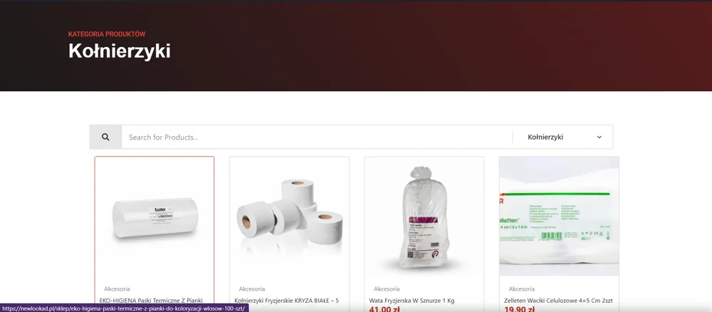 Strona kategorii Kołnierzyki z wyszukiwarką w obrębie kategorii i siatką produktów