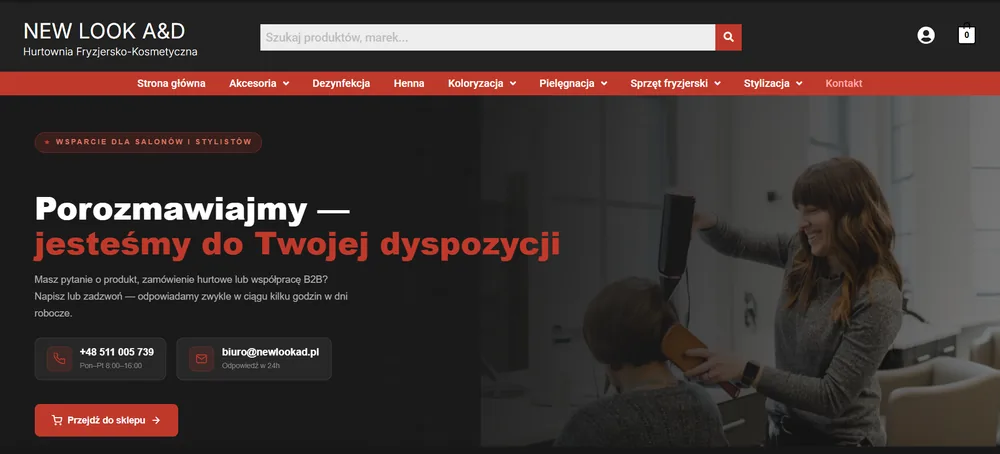Strona kontaktu New Look A&D z telefonem, adresem e-mail i przyciskiem do sklepu