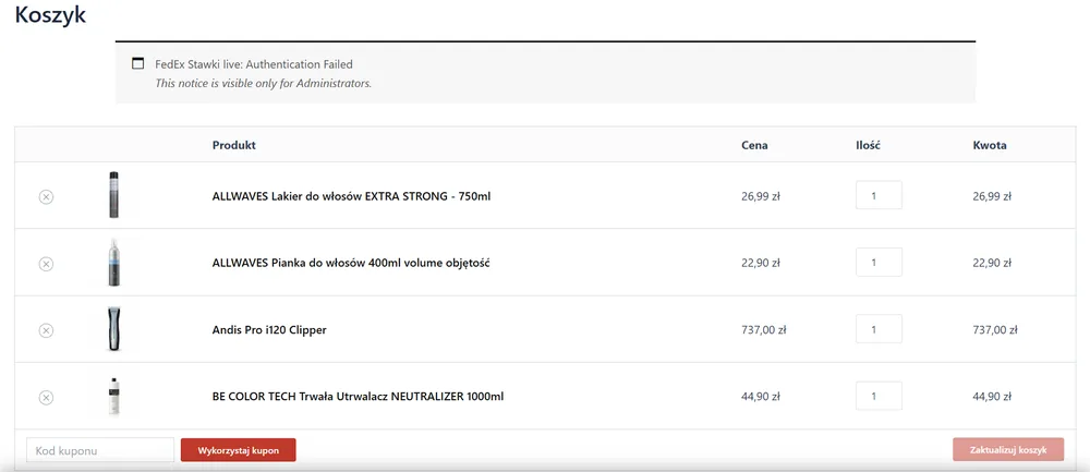 Koszyk New Look A&D z listą produktów, ilościami i kodem kuponu