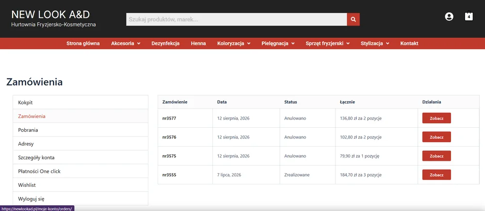 Panel klienta New Look A&D - historia zamówień ze statusami i kwotami
