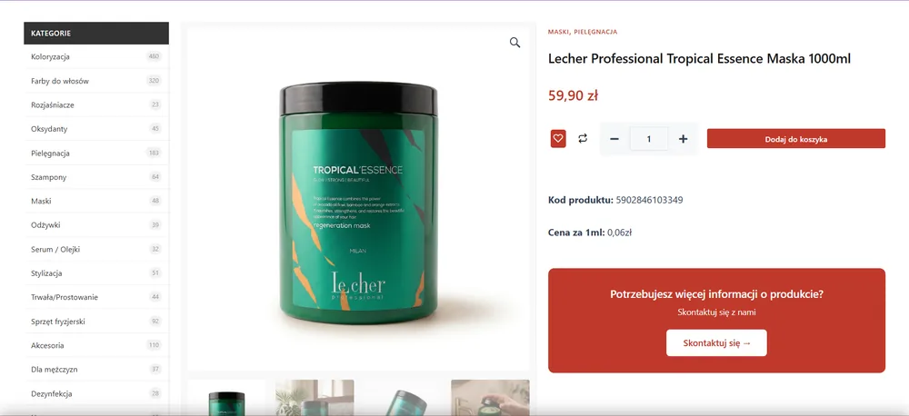 Karta produktu Lecher Professional Tropical Essence z kodem produktu i ceną za mililitr
