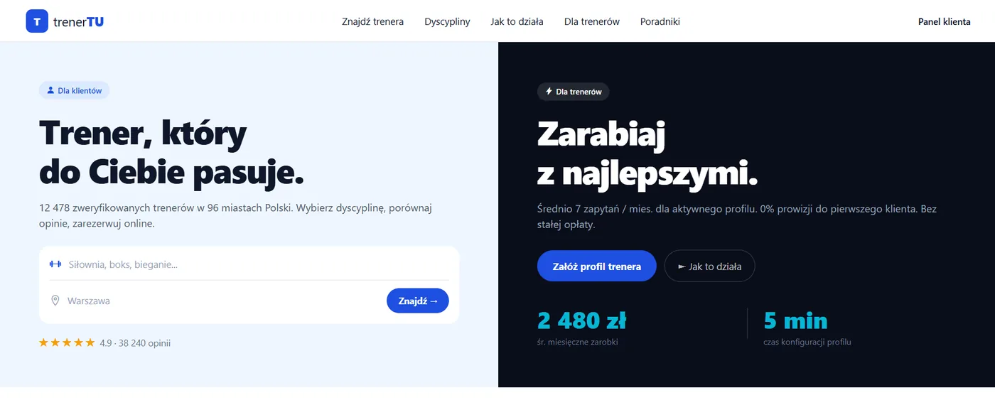 trenerTU - strona główna podzielona na sekcję dla klientów i dla trenerów