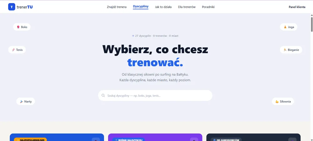 trenerTU - nagłówek katalogu dyscyplin z wyszukiwarką