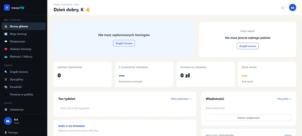 trenerTU - panel klienta z kalendarzem, wiadomościami i celami