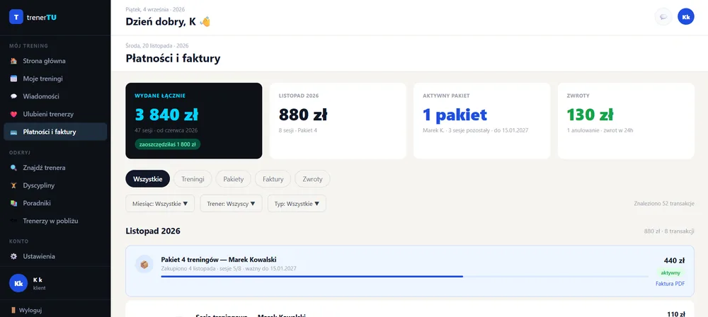 trenerTU - płatności i faktury z pakietami i zwrotami