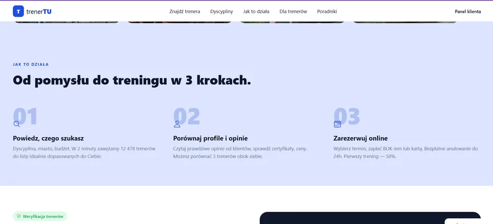 trenerTU - sekcja trzech kroków na stronie głównej