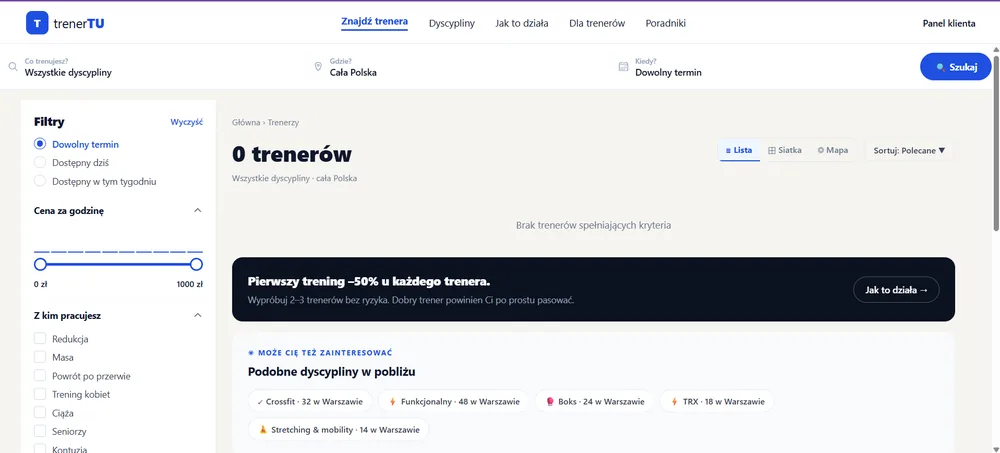 trenerTU - wyszukiwanie trenerów z filtrami ceny, terminu i specjalizacji