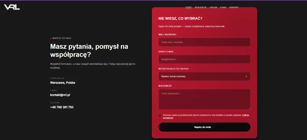 VRL - formularz kontaktowy z wyborem tematu rozmowy