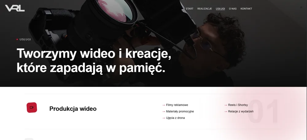 VRL - podstrona usług z rozpisaną produkcją wideo
