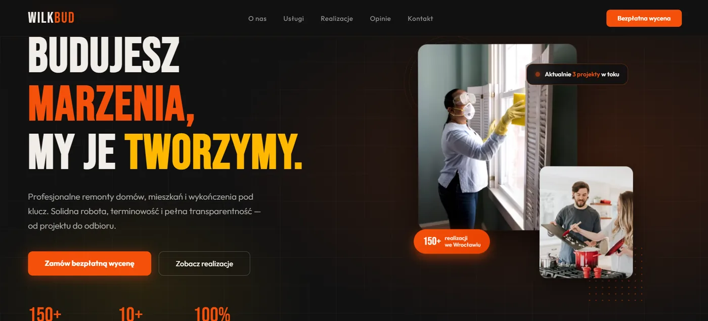 WilkBud - nagłówek strony z hasłem o budowaniu marzeń i zdjęciami z remontu