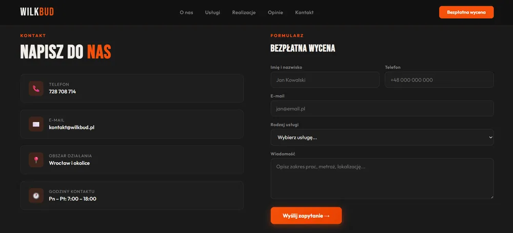WilkBud - kontakt i formularz bezpłatnej wyceny
