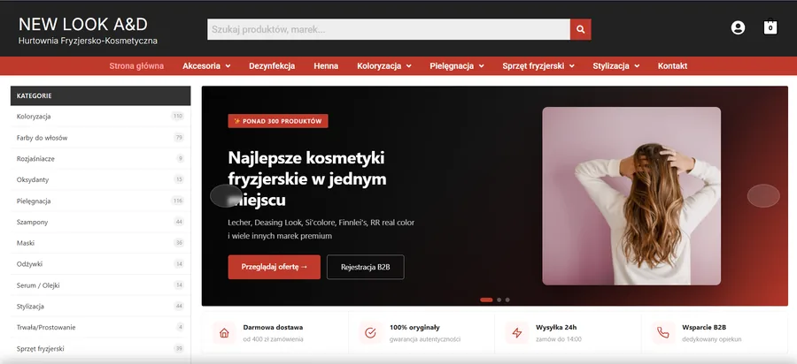 New Look A&D - strona główna sklepu hurtowni fryzjersko-kosmetycznej